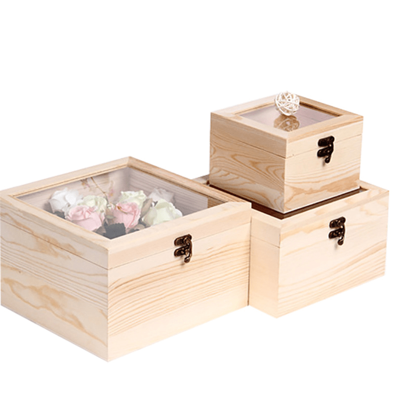 Wooden Box with Transparent Cover for Wedding, Birthday or Candy Packaging