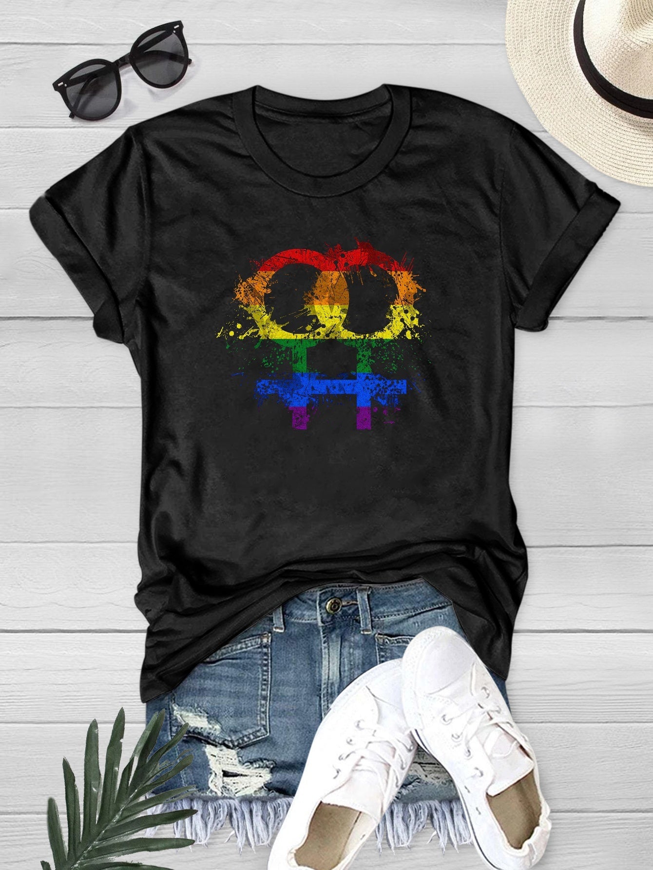 Rainbow Detail Graphic Round Neck T-shirt for LGBT