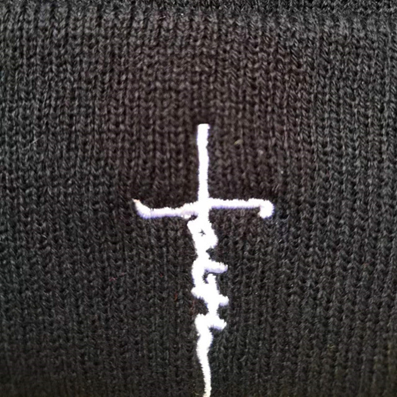Faith Cross Embroidered Beanie Elastic Knit Hat Unisex Warm Skull Hat
