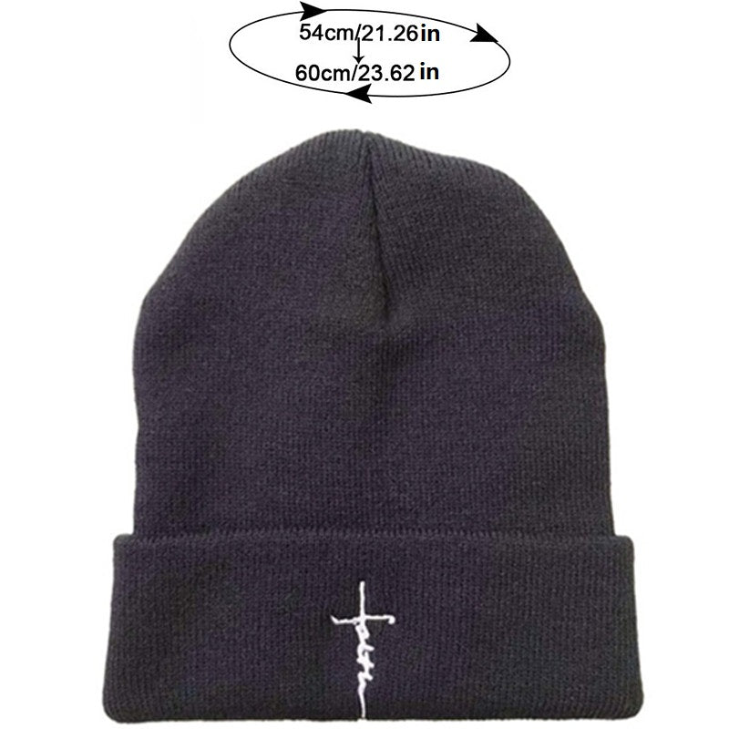 Faith Cross Embroidered Beanie Elastic Knit Hat Unisex Warm Skull Hat