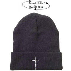 Faith Cross Embroidered Beanie Elastic Knit Hat Unisex Warm Skull Hat