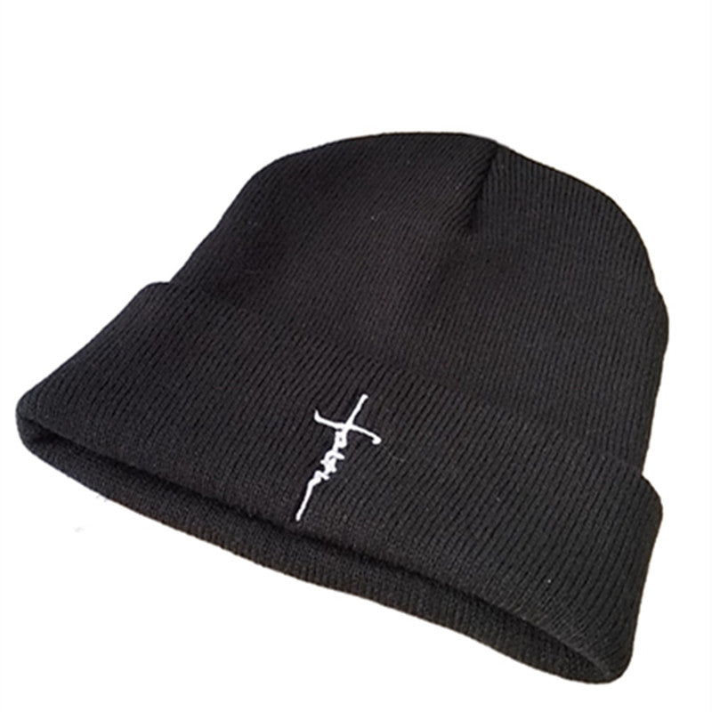 Faith Cross Embroidered Beanie Elastic Knit Hat Unisex Warm Skull Hat