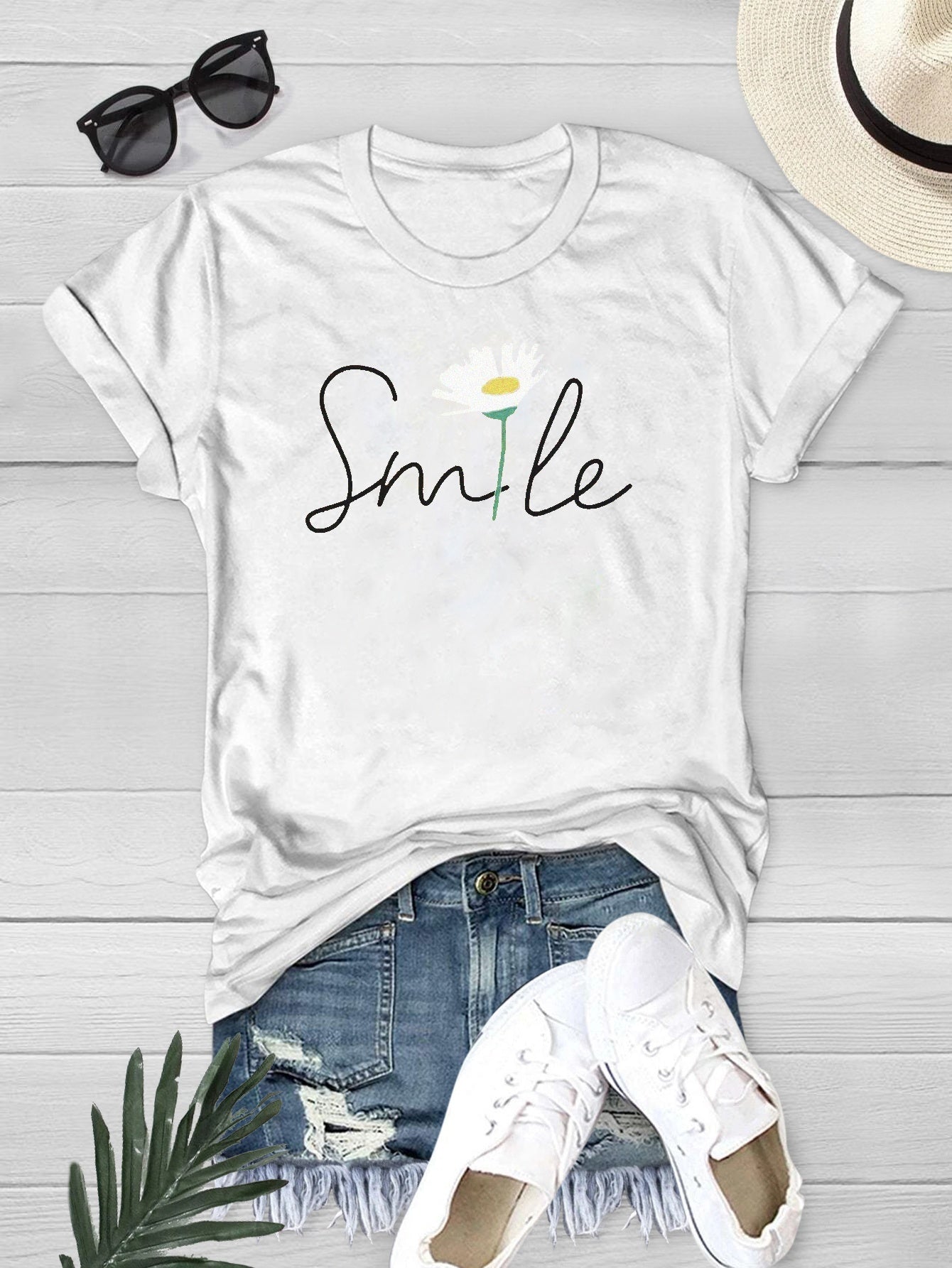 Smile Flower Graphic Tee Round Neck Summer Casual Sports Short Sleeve Shirts