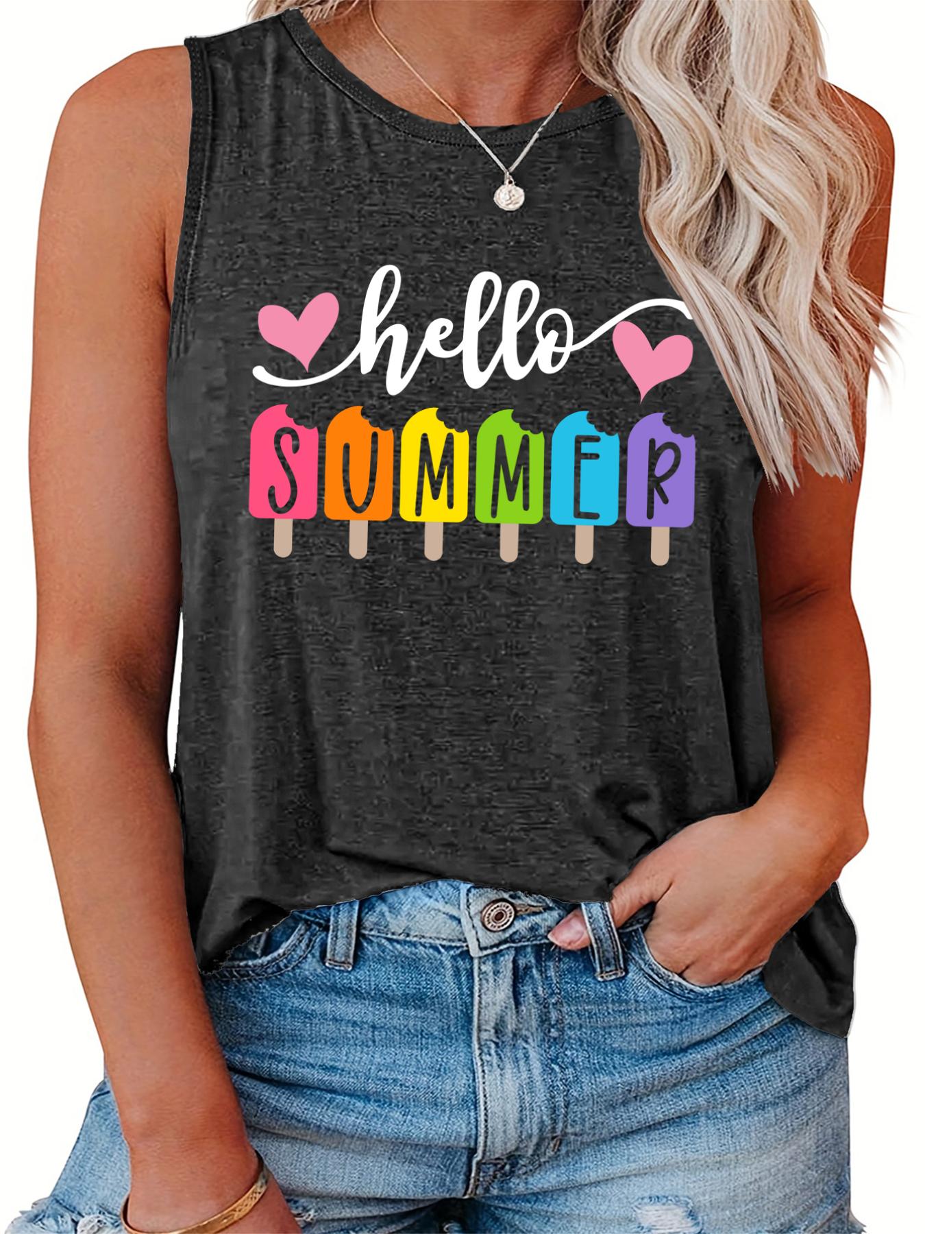  Casual Tank Top Women's Plus Heart & Letter & Ice Cream Print Tank Top