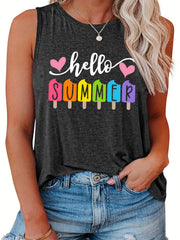  Casual Tank Top Women's Plus Heart & Letter & Ice Cream Print Tank Top