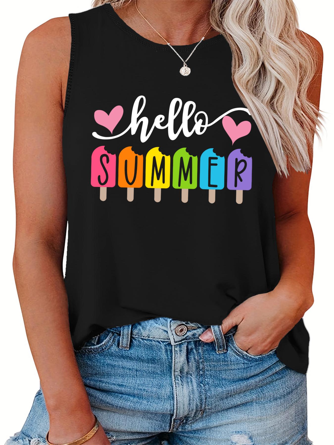  Casual Tank Top Women's Plus Heart & Letter & Ice Cream Print Tank Top