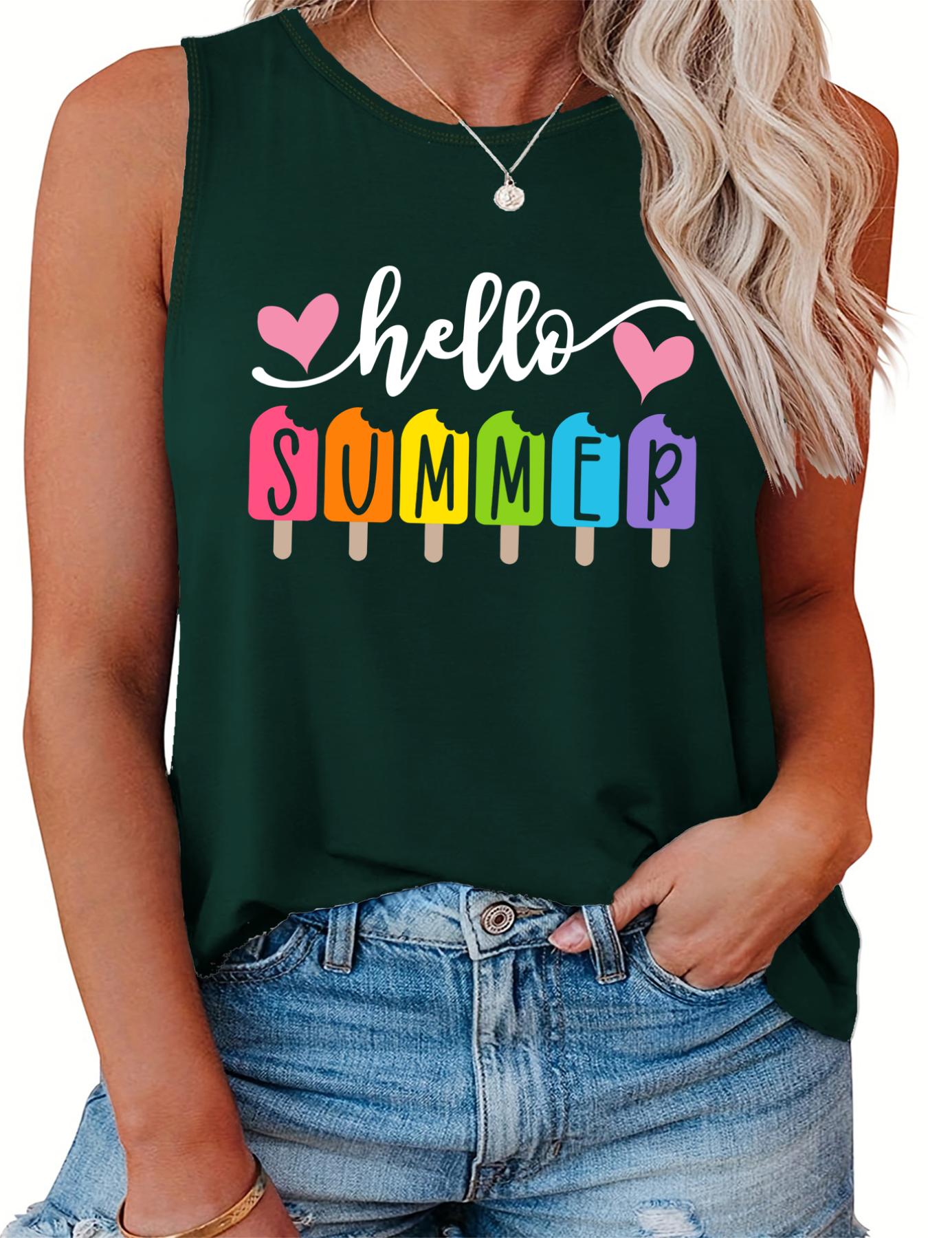  Casual Tank Top Women's Plus Heart & Letter & Ice Cream Print Tank Top