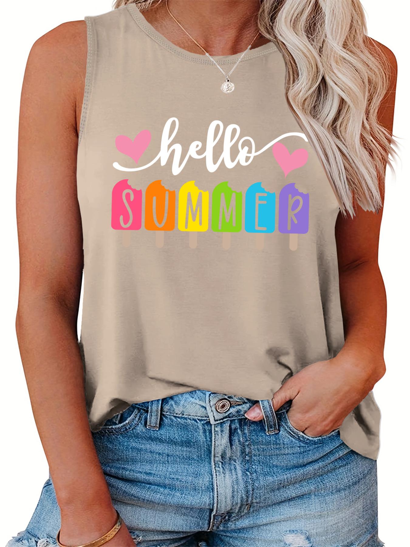  Casual Tank Top Women's Plus Heart & Letter & Ice Cream Print Tank Top