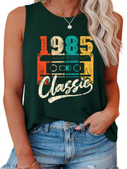  Casual Tank Top Women's Plus Radio Print Round Neck Slight Stretch