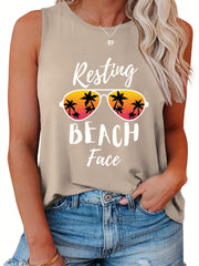  Women's Tank Top Letter & Sunglasses Print Round Neck