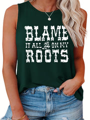  Casual Tank Top Women's Plus Slogan Print Round Neck Stretch Tank Top