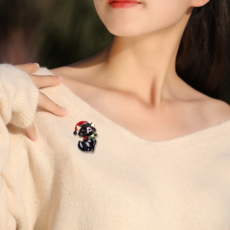 Christmas Cat Brooch Pin Animal Lapel Pin Shirt Suit Cardigan Scarf Buckle