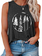  Tree Print Casual Tank Top Women's Plus Round Neck Slight Stretch