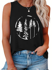  Tree Print Casual Tank Top Women's Plus Round Neck Slight Stretch