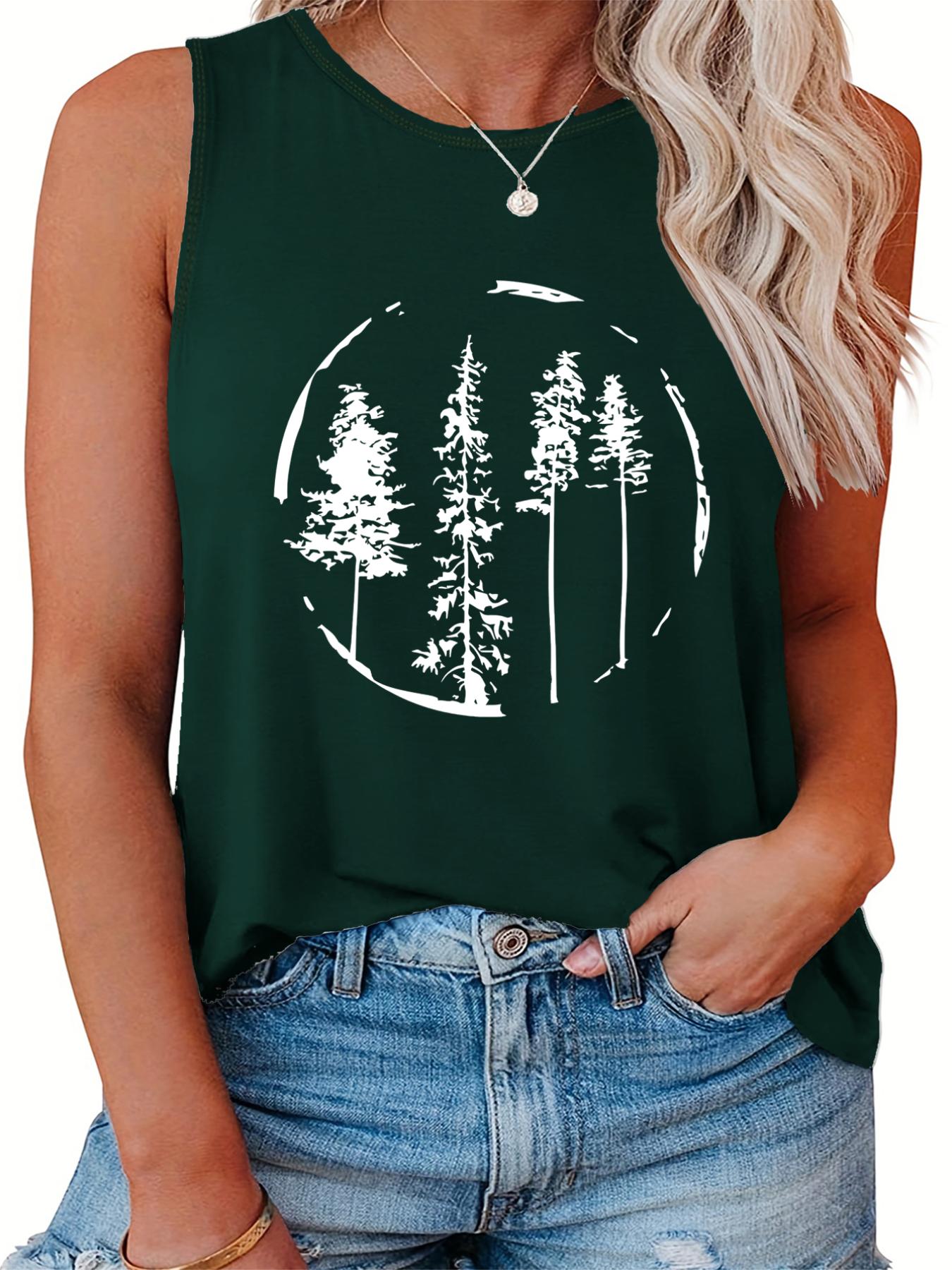  Tree Print Casual Tank Top Women's Plus Round Neck Slight Stretch