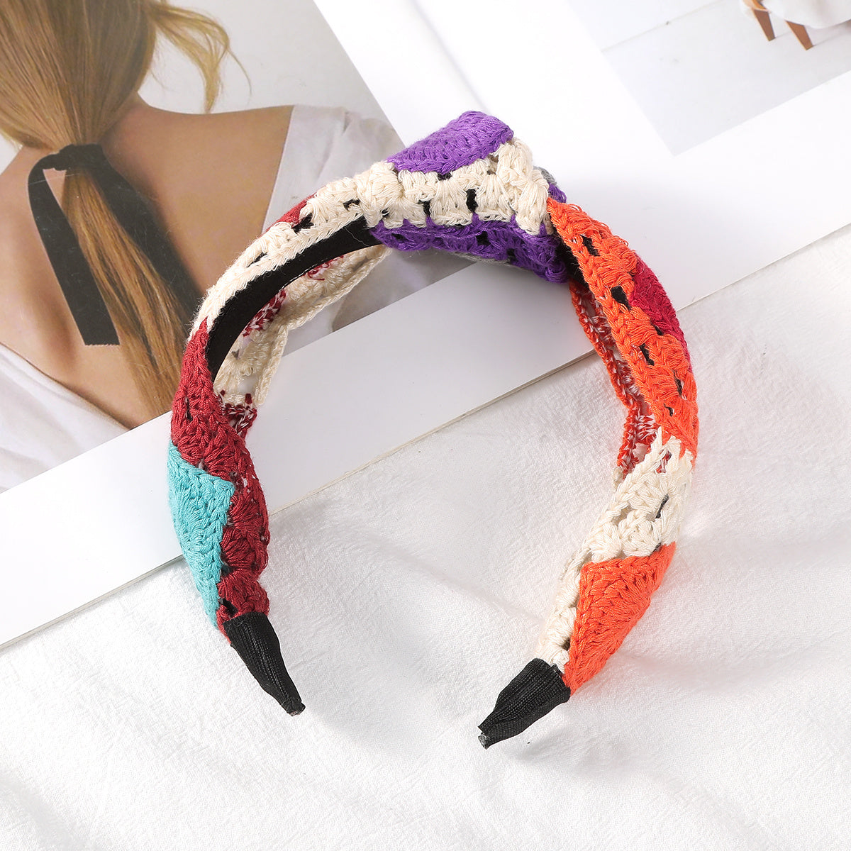 Knit Flower Headband Boho Style Head Hoop Metal Headdress For Women Girls
