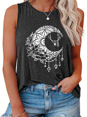  Moon & Floral Print Tank Top Round Neck
