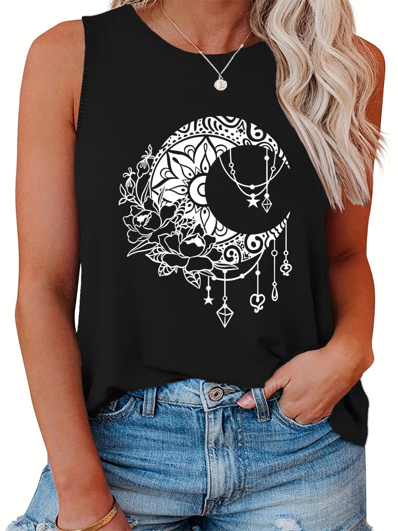  Moon & Floral Print Tank Top Round Neck