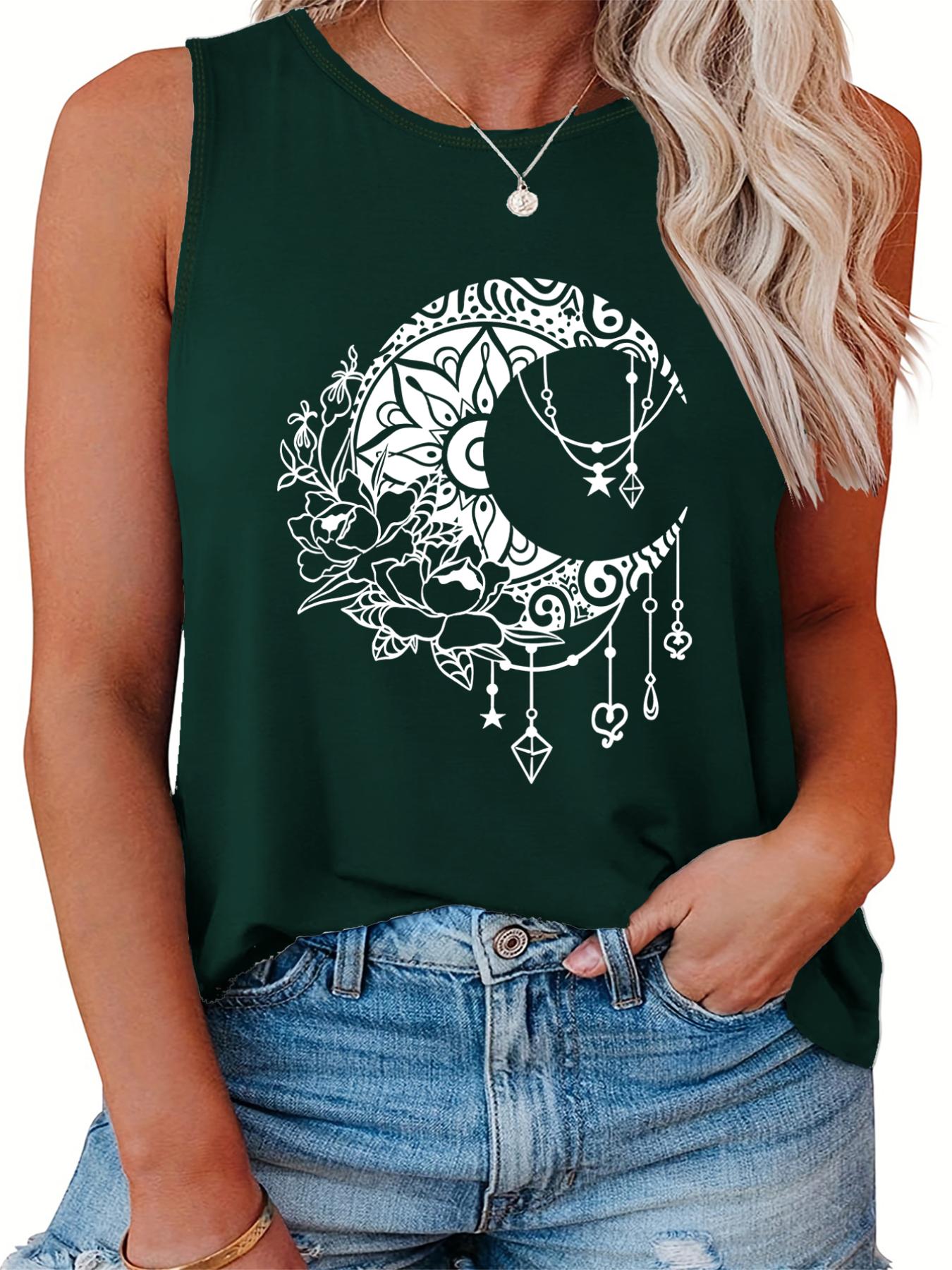  Moon & Floral Print Tank Top Round Neck
