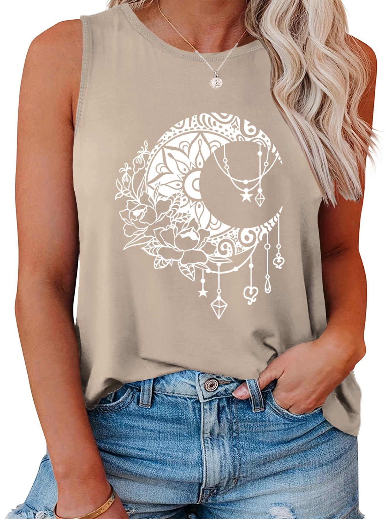  Moon & Floral Print Tank Top Round Neck