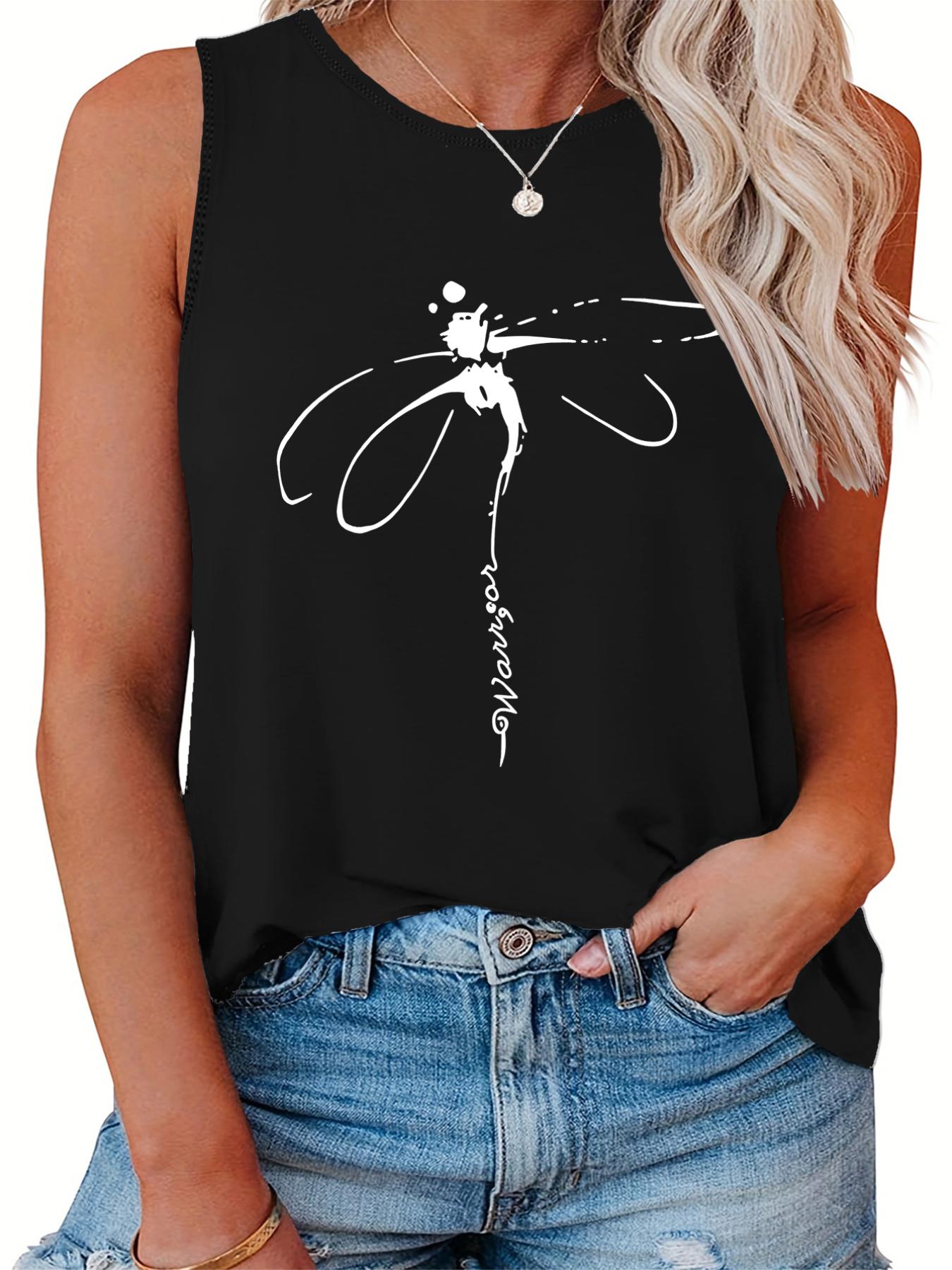 Dragonfly Print Round Neck Plus Size Tank Top