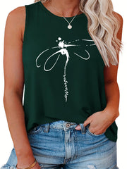 Dragonfly Print Round Neck Plus Size Tank Top