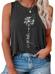  Casual Tank Top Women's Plus Letter & Dandelion Print Round Neck