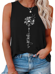  Casual Tank Top Women's Plus Letter & Dandelion Print Round Neck