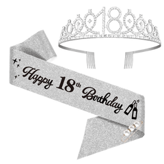 18th Bday Crown & Sash Tiara Head Jewelry Set for Party