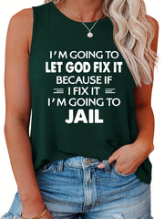  Casual Tank Top Women's Plus Slogan Print Round Neck Tank