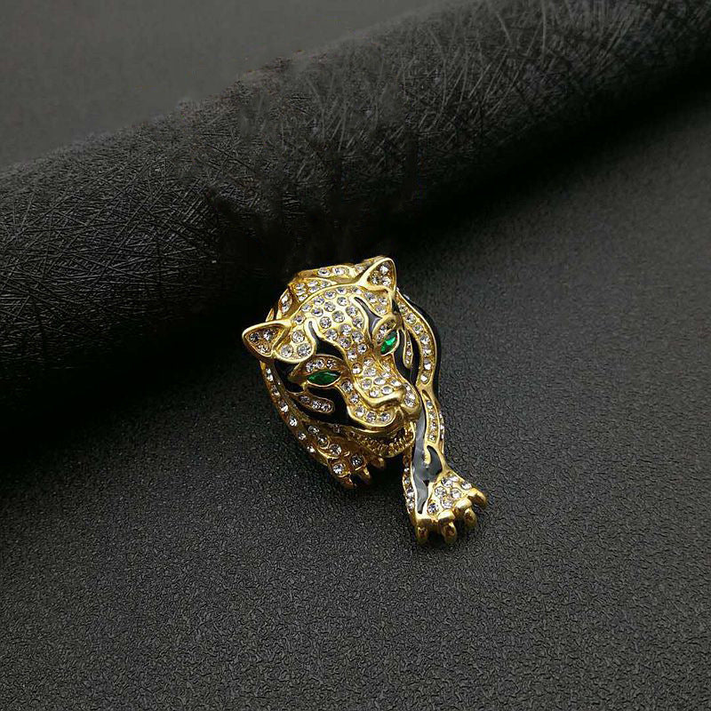 Rhinestone Tiger Head Brooch Retro Style Men's Fashion Accessory