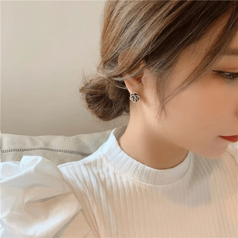 Silvery Needle Set Camellia Stud Earrings