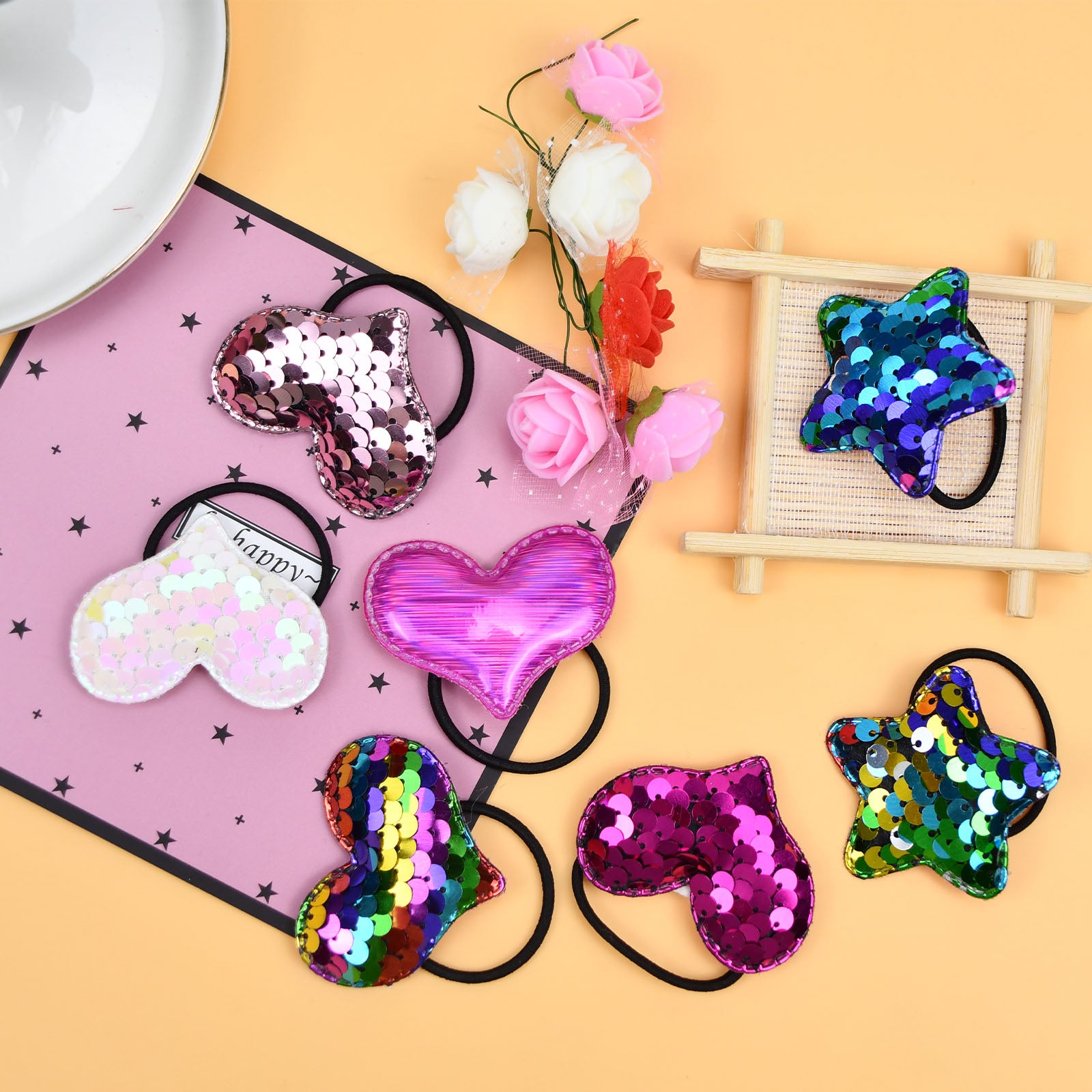 Girls Glitter Sequin Hair Tie Cartoon Crown Star Hair Rope Elastic Ponytail