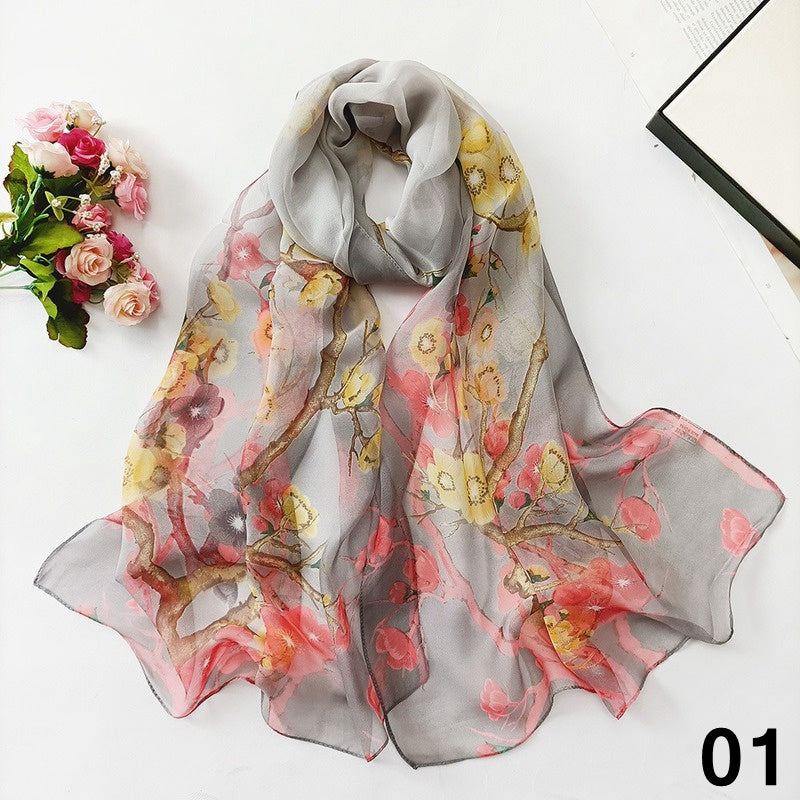 Plum Blossom Print Chiffon Scarf Sunproof Shawl