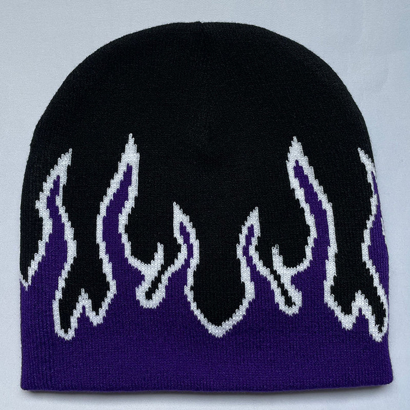 Flame Jacquard Hip Hop Beanie Cap Unisex Block Knit Hat Skull Cap Y2K