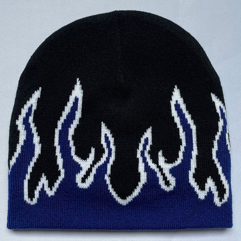 Flame Jacquard Hip Hop Beanie Cap Unisex Block Knit Hat Skull Cap Y2K