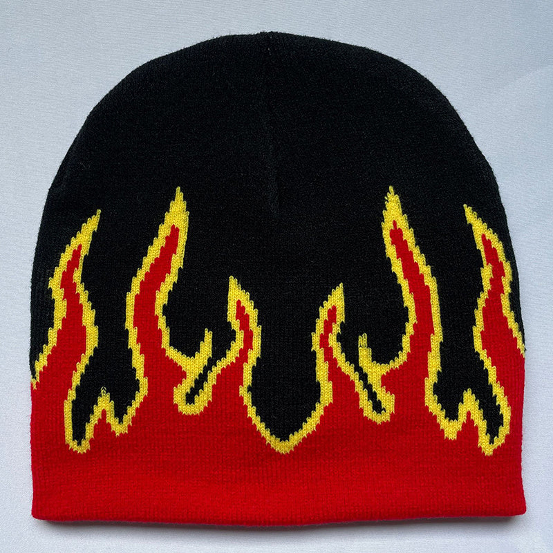 Flame Jacquard Hip Hop Beanie Cap Unisex Block Knit Hat Skull Cap Y2K