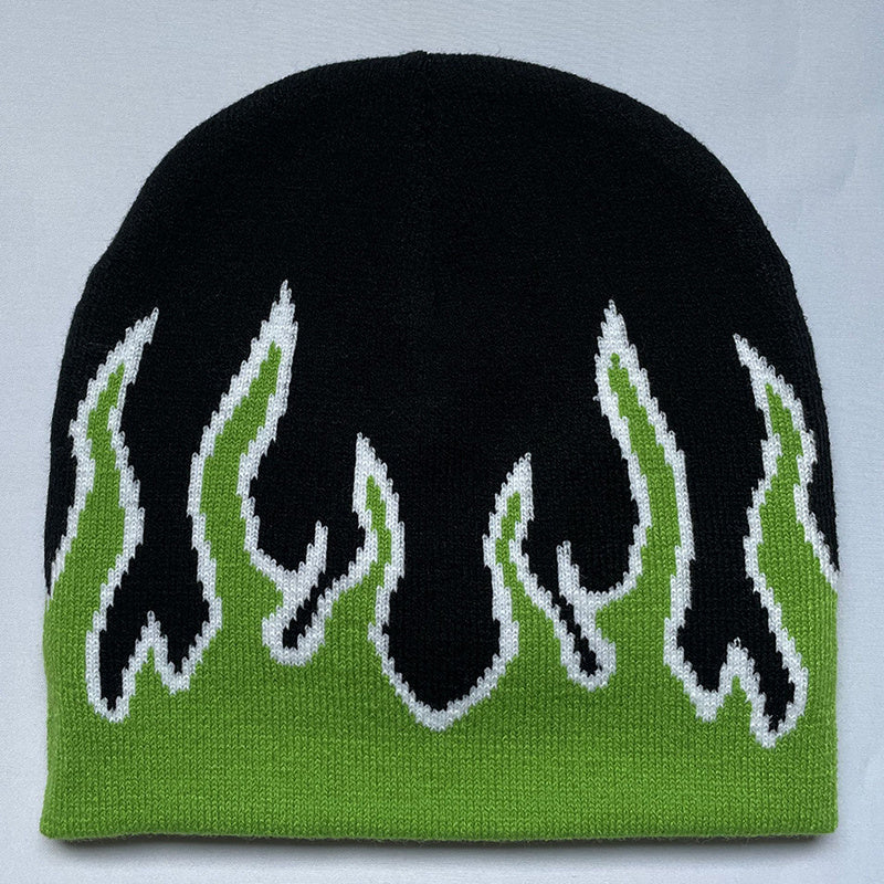 Flame Jacquard Hip Hop Beanie Cap Unisex Block Knit Hat Skull Cap Y2K