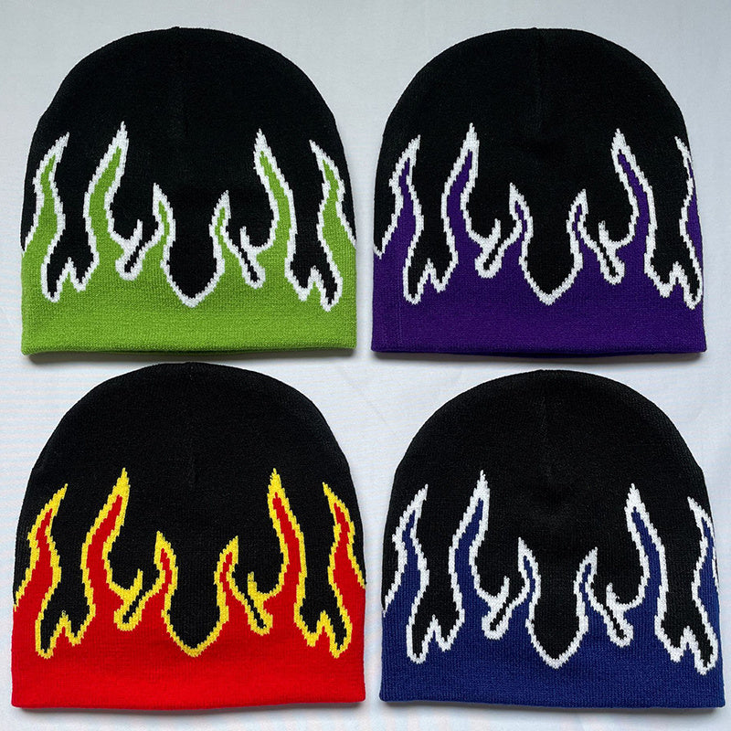 Flame Jacquard Hip Hop Beanie Cap Unisex Block Knit Hat Skull Cap Y2K