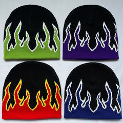 Flame Jacquard Hip Hop Beanie Cap Unisex Block Knit Hat Skull Cap Y2K