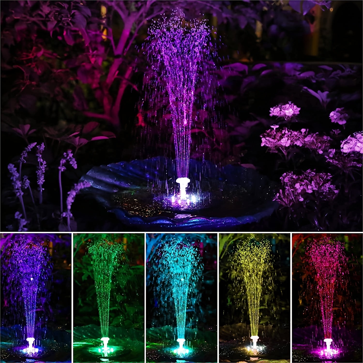 3W LED Solar Bird Bath Fountains, 1500mAh Pump, 6 Nozzles, 6 Styles