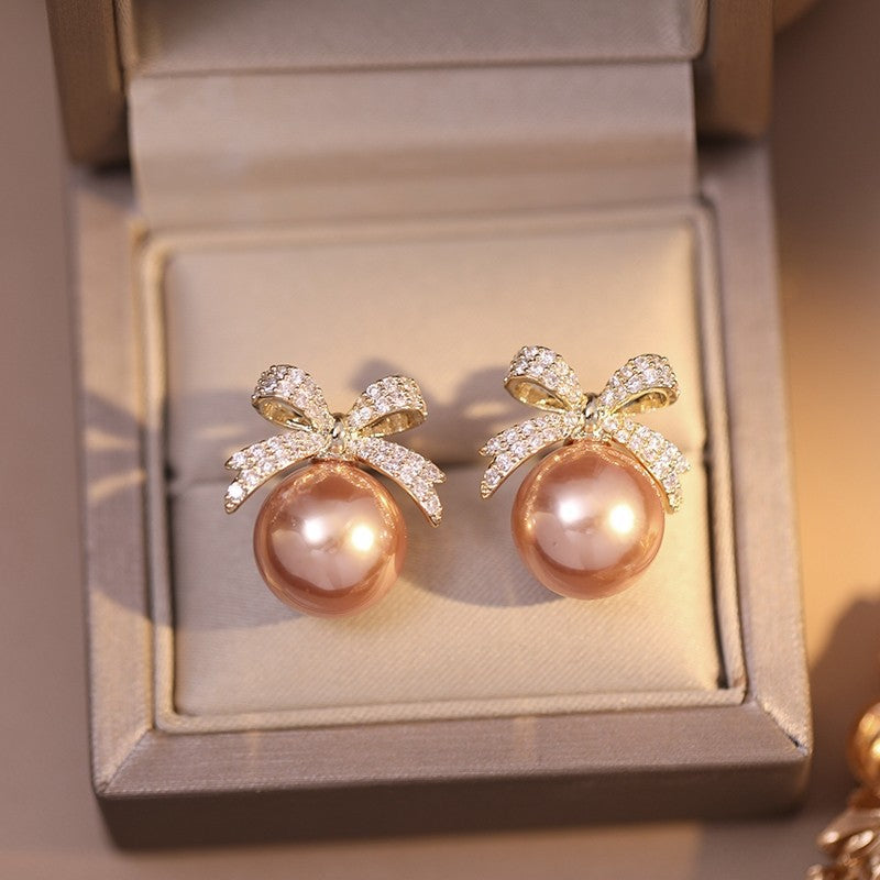 Light Bow Pearl Stud Earrings for Women