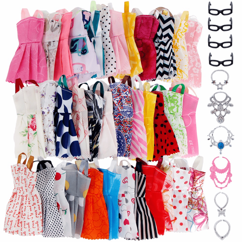20pcs Mixed Doll Accessories: 10 Mini Dresses, 6 Necklaces, 4 Glasses