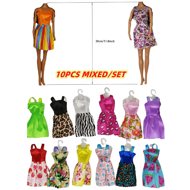 20pcs Mixed Doll Accessories: 10 Mini Dresses, 6 Necklaces, 4 Glasses