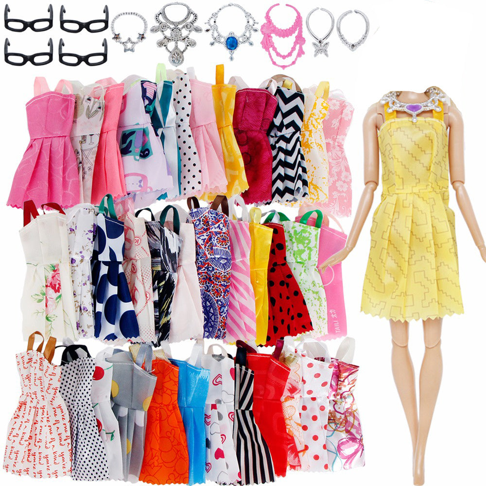 20pcs Mixed Doll Accessories: 10 Mini Dresses, 6 Necklaces, 4 Glasses