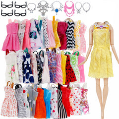20pcs Mixed Doll Accessories: 10 Mini Dresses, 6 Necklaces, 4 Glasses