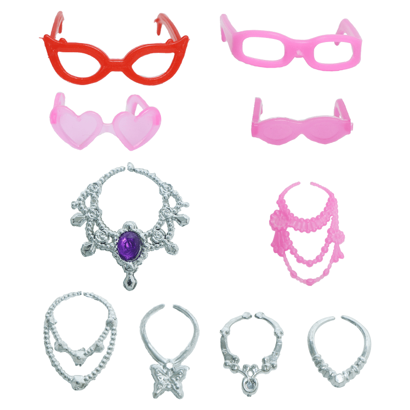20pcs Mixed Doll Accessories: 10 Mini Dresses, 6 Necklaces, 4 Glasses
