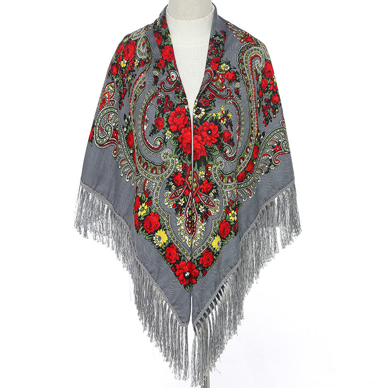 Boho Printing Large Square Scarf Traditional Retro Tassel Scarf Wrap