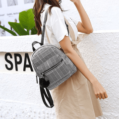 Plaid Zipper Backpack PU Leather School Travel Bag