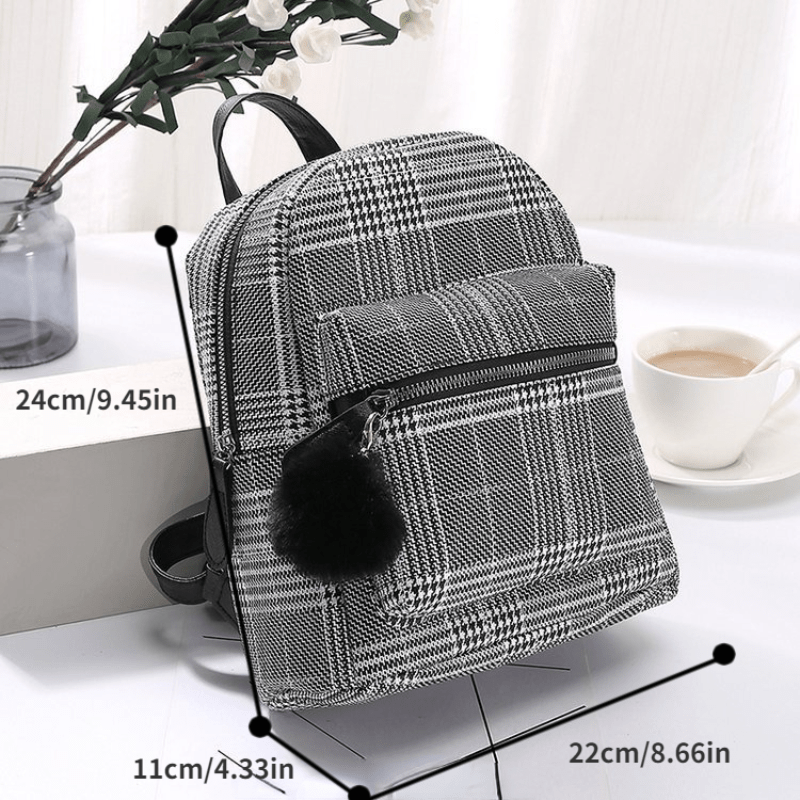 Plaid Zipper Backpack PU Leather School Travel Bag